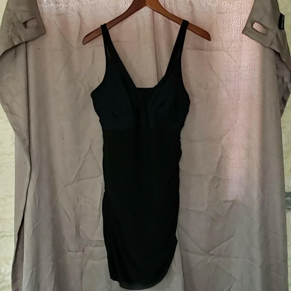 B Swimdress Womens L Black Solid Adjustable Strap Drawstring Stretch Ruched